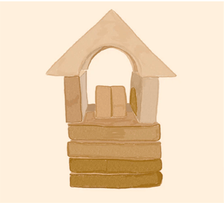 A stylized illustration of a small house-shaped structure with a peaked roof and arched opening, rendered in warm beige, tan, and brown tones on a light cream background.