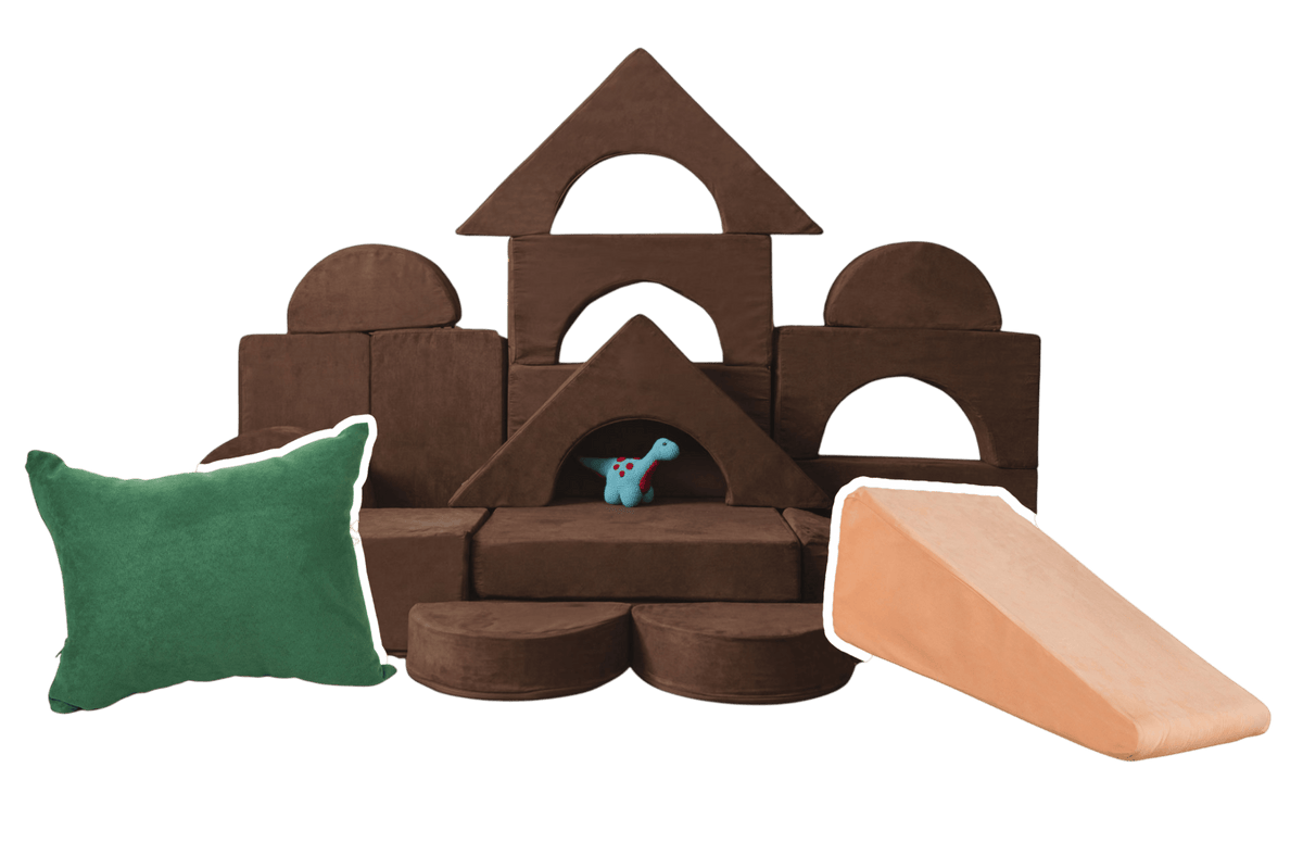 Brown FoamOh Original Castle built into a house and slide, with green pillow and peach ramp