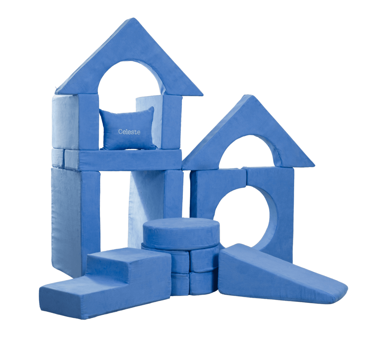 Blue FoamOh Super Castle built into a house and tower, with a pillow personalized "Celeste"