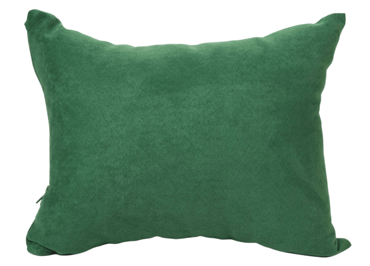 A rectangular green throw pillow with a textured, suede-like fabric cover, shown against a plain white background.