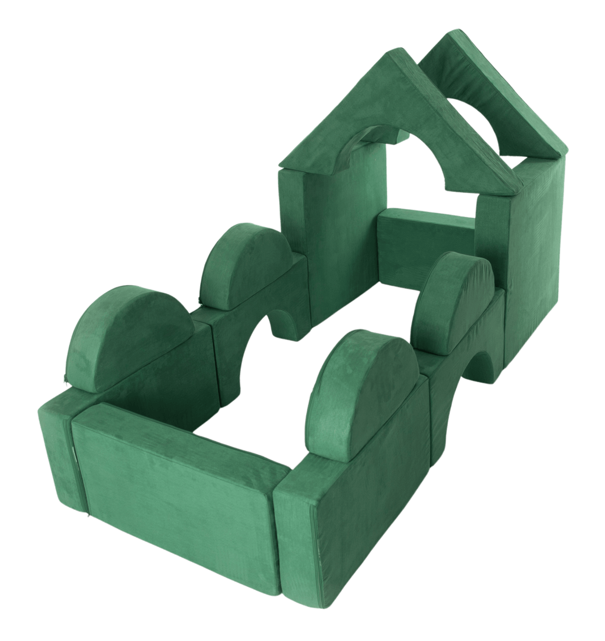 Green FoamOh foam play blocks arranged to form a house-shaped sandbox with arched walls and a low base enclosure, shown on a plain white background.